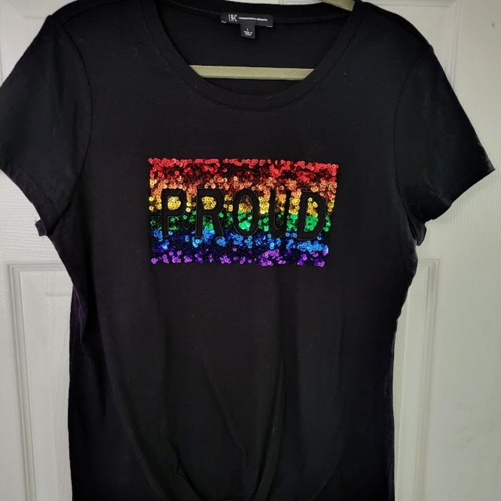 INC International Concepts black PROUD front tie S/S sequin tee Size L‎ …